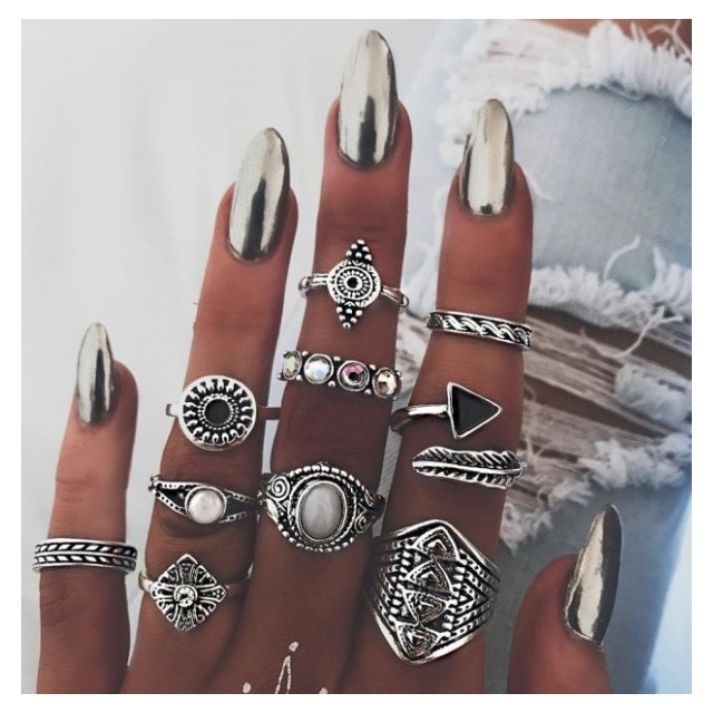 10 delni set prstanov bohem videz, srebrne barve