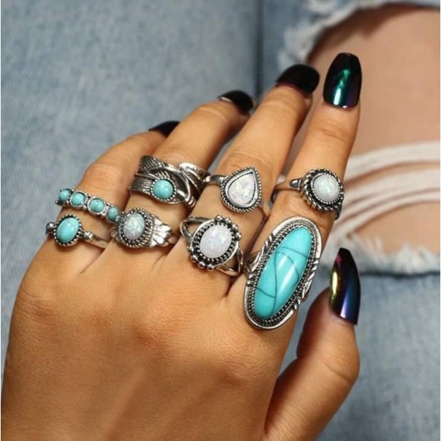Komplet prstanov modri in beli kamni v srebrni barvi 4021