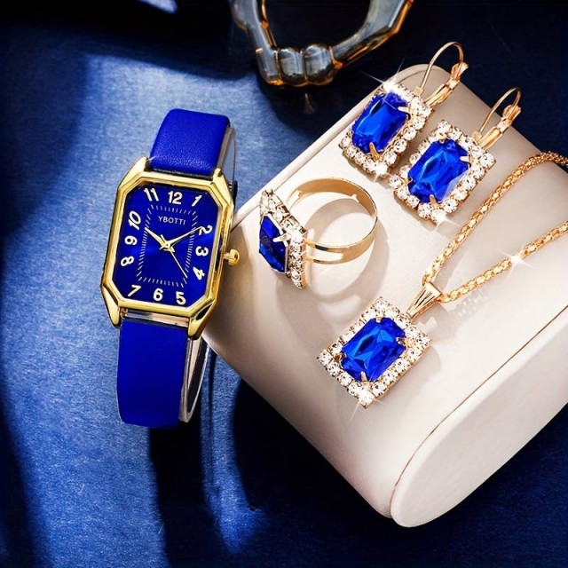 6 delni komplet ženske ure in nakita v modri barvi