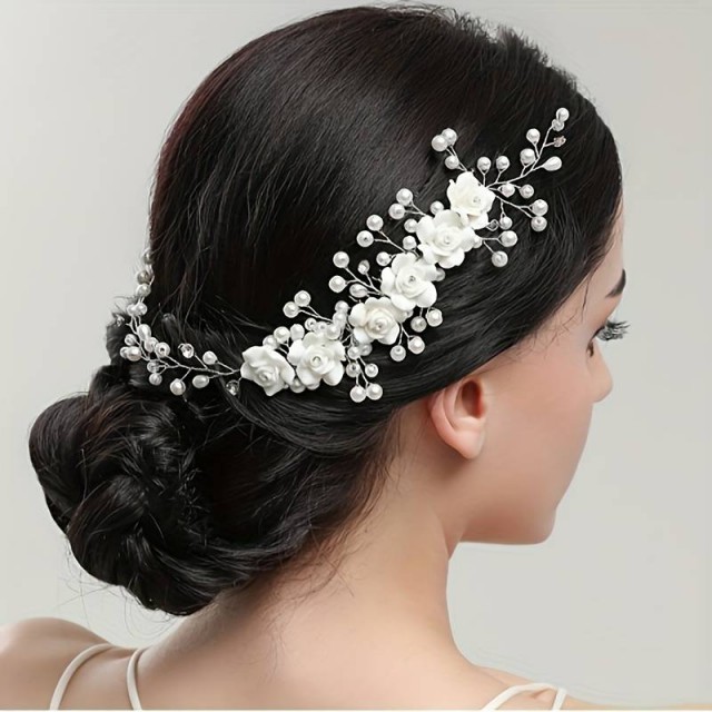  Elegantna lasna sponka z okrasnimi biseri in cvetličnim dizajnom