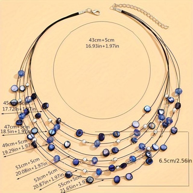 Večplastna čudovita ogrlica iz školjk modre barve