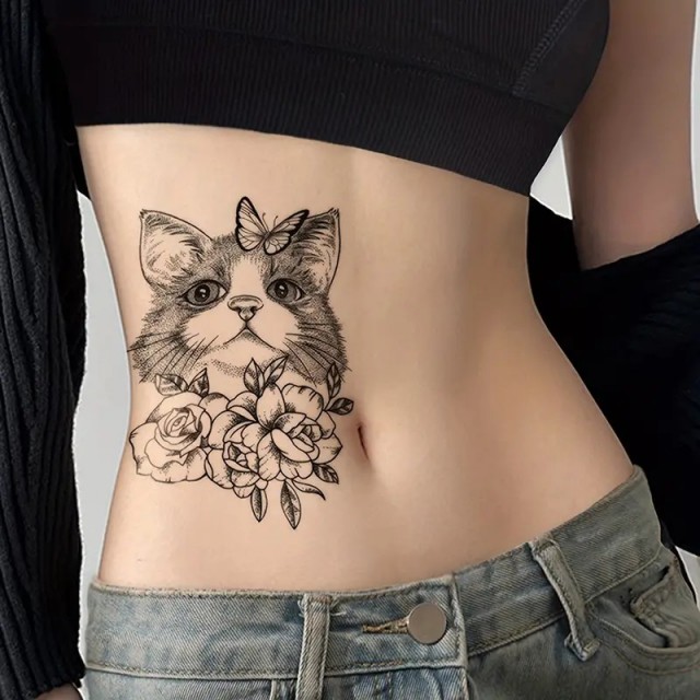 Začasna tattoo nalepka z mucko in rožicami